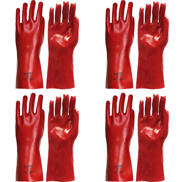 4 Pair Safetyware Protecto-Lite PVC Gauntlet Safety Work Gloves Bulk Chemical Resistant Red Long Single Dip Protection for Kitchen Cleaning Oil Dishwashing Mechanic General Purpose
