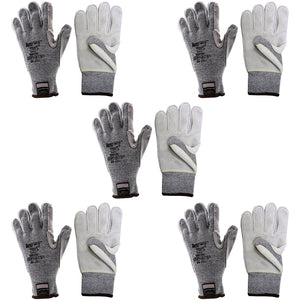 5 Pair Safetyware Heavy Duty Level 5 Cut Resistant Leather Palm Work Gloves Bulk for Gardening Mechanic Construction Builder General Purpose