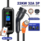 Isigma 5m 22KW Type 2 3-Phase Portable Electric Car EV Charger WIFI Bluetooth Control 8A-32A Adjustable