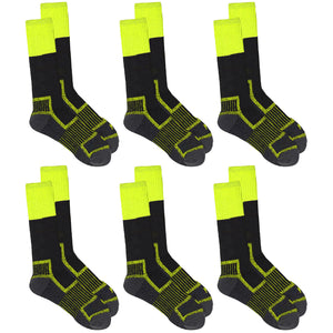 6 Pair Rio Reinforced For Steel Cap Boots Crew Mens Thick Work Socks Black Fluro Yellow Hi Vis Bulk S7453S