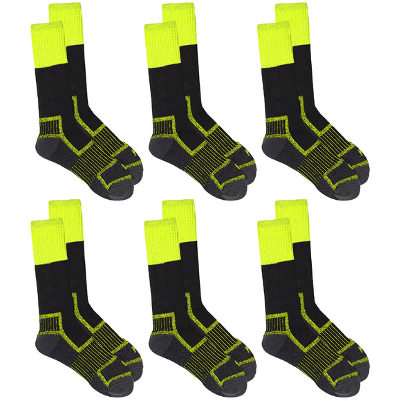 6 Pair Rio Reinforced For Steel Cap Boots Crew Mens Thick Work Socks Black Fluro Yellow Hi Vis Bulk S7453S