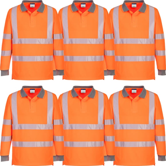 6pcs Portwest EC11 Eco Hi Vis Polo Long Sleeve Shirt Orange Bulk Work Safety Workwear Reflective Tape High Visibility Class DNC Day & Night
