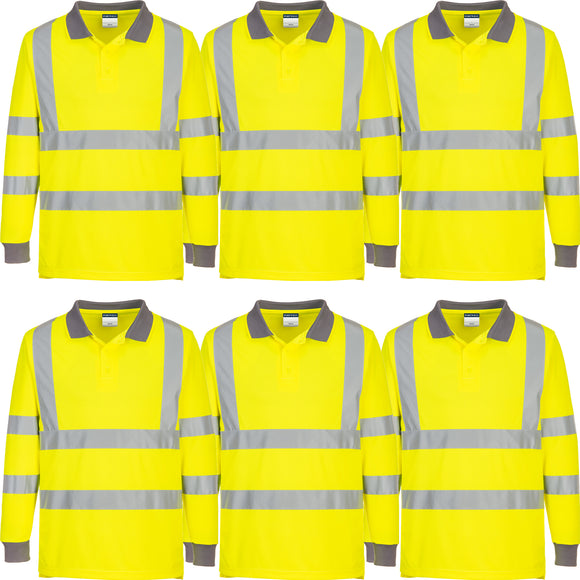 6pcs Portwest EC11 Eco Hi Vis Polo Long Sleeve Shirt Yellow Bulk Work Safety Workwear Reflective Tape High Visibility Class DNC Day & Night