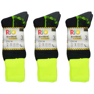 9 Pair Rio Reinforced For Steel Cap Boots Crew Mens Thick Tough Work Socks Black Fluro Yellow  Hi Vis Bulk