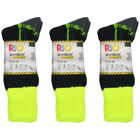 9 Pair Rio Reinforced For Steel Cap Boots Crew Mens Thick Tough Work Socks Black Fluro Yellow  Hi Vis Bulk