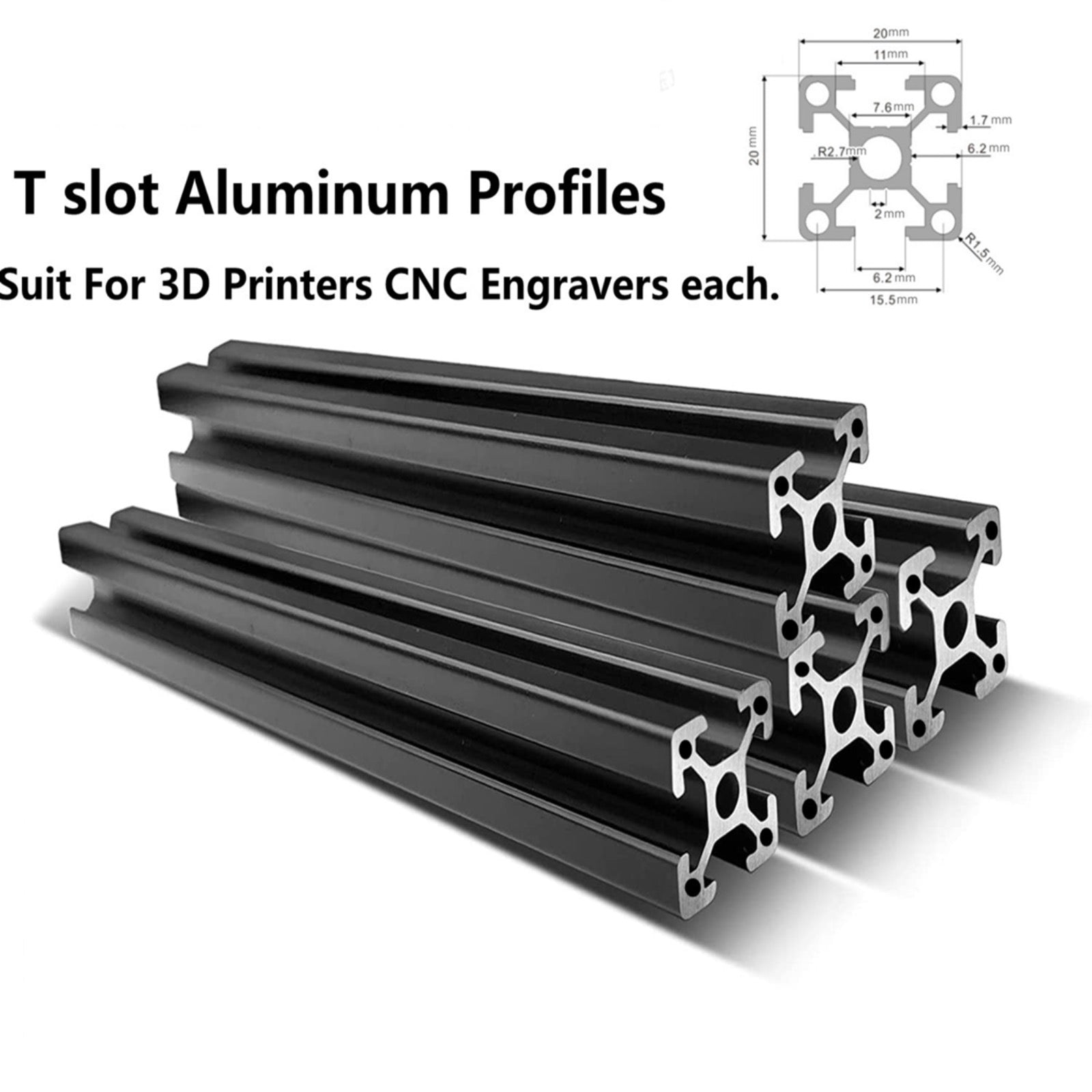 Lot 4 Profilés Aluminium 2020 Type T - 800 Mm - Noir Anodisé - Pour Imprimante 3D, CNC, Bricolage - Avec écrous - 4