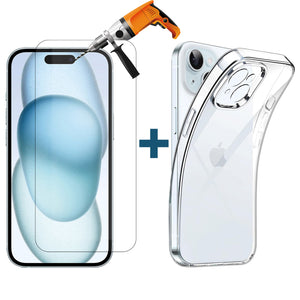 For Apple iPhone 15 Phone Case Cover and Tempered Glass Screen Protector Clear