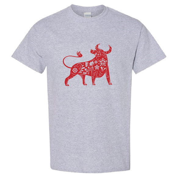 Chinese Zodiac New Year OX Bull Cow Animal Art Grey Mens T Shirt Tee Top