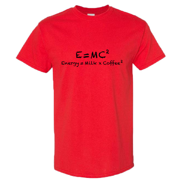 E=mc2 Energy Milk Coffee Funny Einstein Formula T-Shirt Red Mens Tee Tops