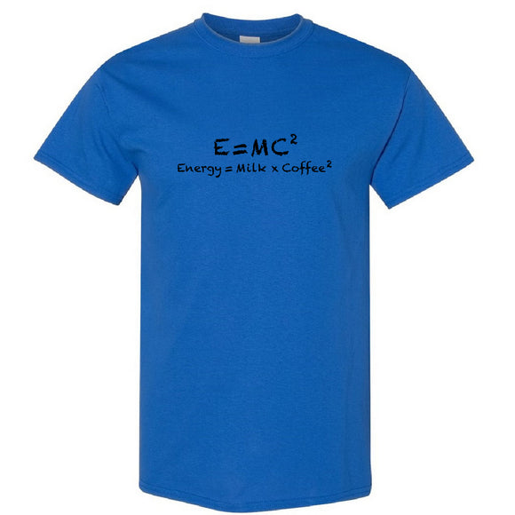E=mc2 Energy Milk Coffee Funny Einstein Formula T-Shirt Blue Mens Tee Top