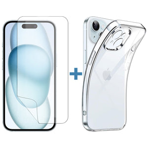 For Apple iPhone 15 Clear Phone Case Cover and Soft Film Screen Protector Guard