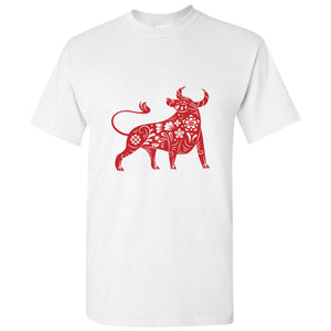 Chinese Zodiac Shengxiao New Year of the OX Bull Cow White Men T Shirt Tee Top