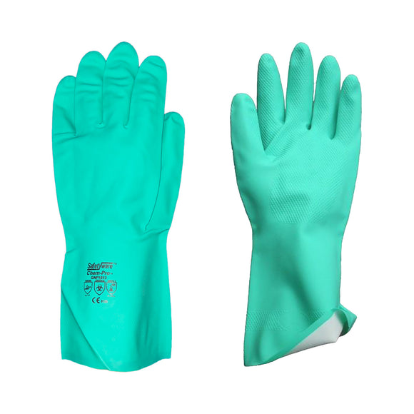 Safetyware Chemical Resistant Flocklined Nitrile Safety Work Gloves 15mil Thick Green for Cleaning Oil Dishwashing Kitchen Mechanic General Purpose