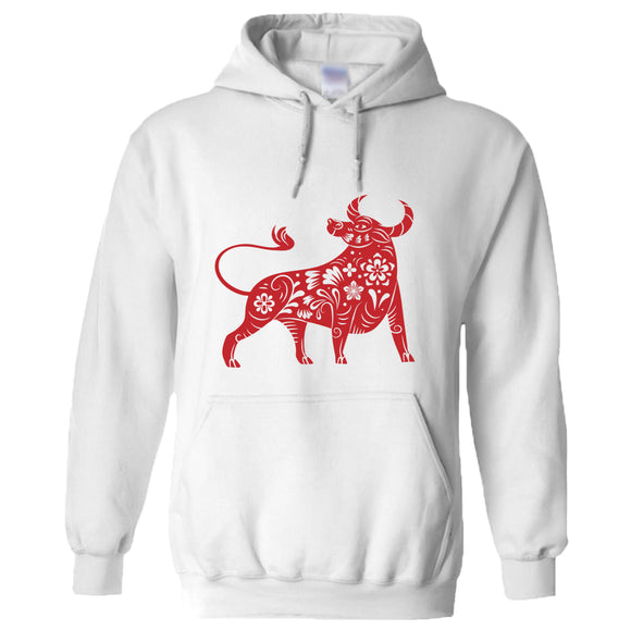 Chinese Zodiac Shengxiao New Year OX Bull Cow White Hoodie Mens Hooded Sweater