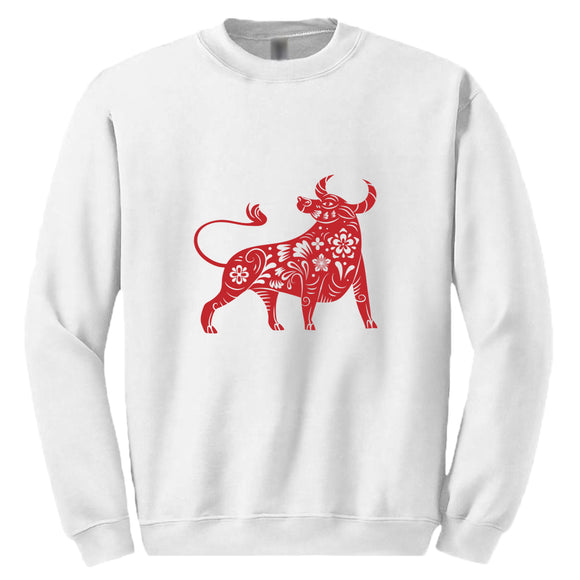 Chinese Zodiac New Year OX Bull Cow Mens White Sweater Jumper Sweatshirt