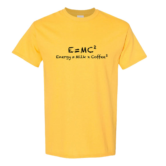 E=mc2 Energy Milk Coffee Funny Einstein T-Shirt Daisy Yellow Tee Tops Mens