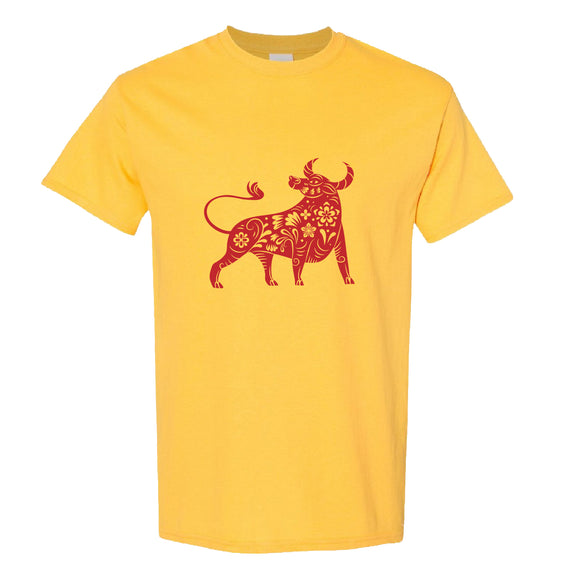 Chinese Zodiac Shengxiao New Year OX Bull Cow Animal Yellow Men T Shirt Tee Top