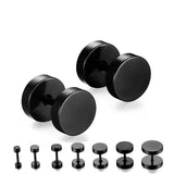 Pair Black Flat Round Barbell Plug Stud Earrings 316 Stainless Steel Mens Unisex