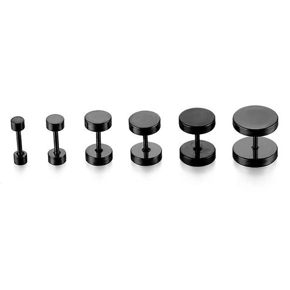 6pcs Flat Round Barbell Plug Stud Earrings 316 Surgical Steel Black 3mm-12mm