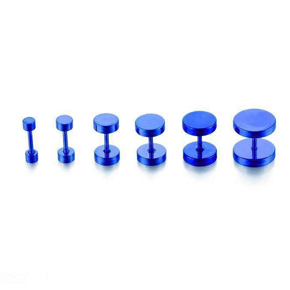 6pcs Flat Round Barbell Plug Stud Earrings 316 Surgical Steel Blue 3mm-12mm