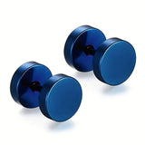 Pair Blue Flat Round Barbell Plug Stud Earrings 316 Stainless Steel Mens Unisex