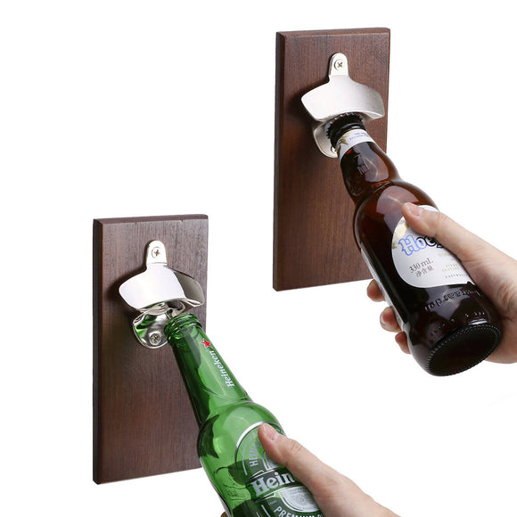Rustic Wooden Kitchen Wall Mounted Magnetic Beer Lid Cap Bottle Opener Catcher
