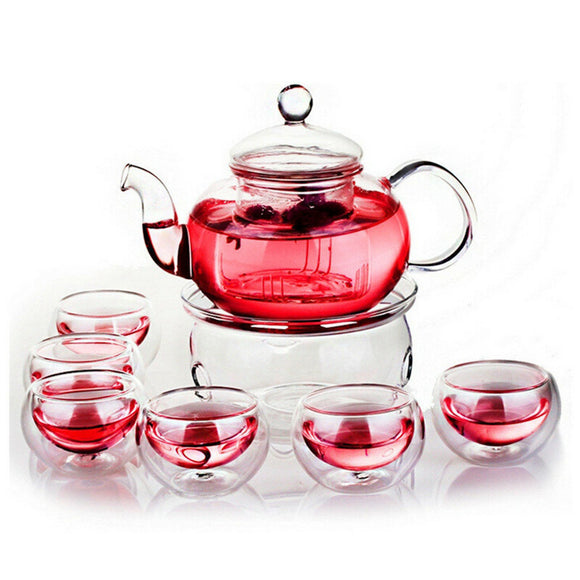 600ml Teapot Glass Kettle Infuser Tea Pot Warmer + 6 Double Wall Tea Cups Set