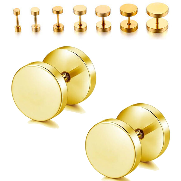 Pair Gold Flat Round Barbell Plug Stud Earrings 316 Stainless Steel Mens Unisex