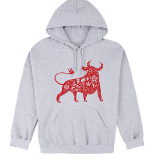 Chinese Zodiac New Year OX Bull Cow Animal Grey Hooded Sweater Mens Hoodie