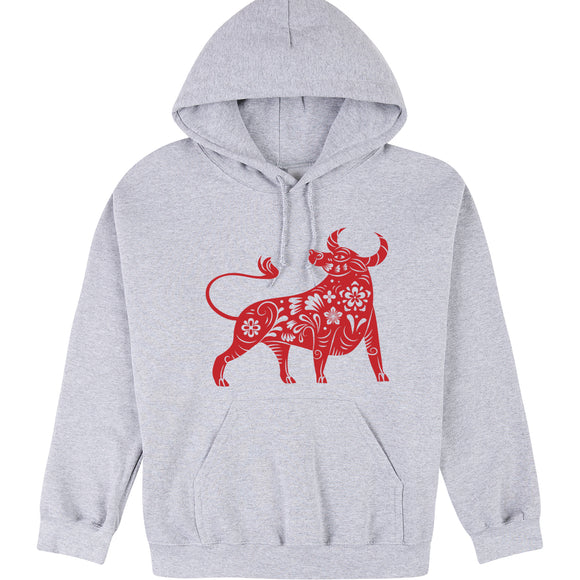 Chinese Zodiac New Year OX Bull Cow Animal Grey Hooded Sweater Mens Hoodie