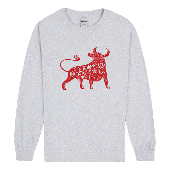 Chinese Zodiac New Year OX Bull Cow Animal Long Sleeve T-Shirt Grey Tee Mens Top