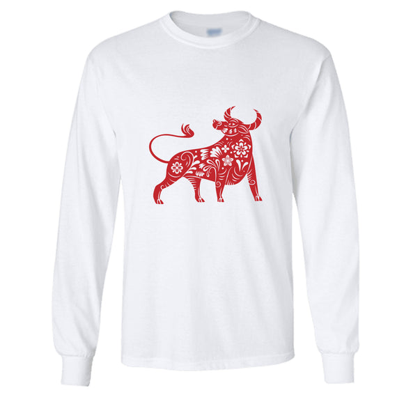 Chinese Zodiac Year of the OX Bull Cow Men White Long Sleeve T-Shirt Tee Top