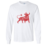 Chinese Zodiac Year of the OX Bull Cow Men White Long Sleeve T-Shirt Tee Top