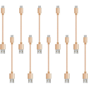 10 Pack 20cm Short Data Transfer Charger Charging Micro USB Cable Cord for Android Phone Device Tablet Bulk Braided Gold Nylon