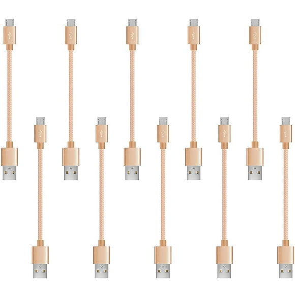 10 Pack 20cm Short Data Transfer Charger Charging Micro USB Cable Cord for Android Phone Device Tablet Bulk Braided Gold Nylon