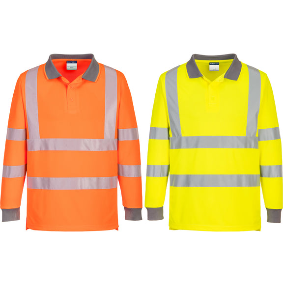 Portwest EC11 Eco Hi Vis Polo Long Sleeve Shirt Work Safety Workwear Reflective Tape High Visibility Class DNC Day & Night