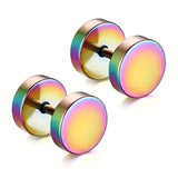 Pair Colourful Rainbow Flat Round Barbell Plug Stud Earrings 316 Stainless Steel Mens Unisex