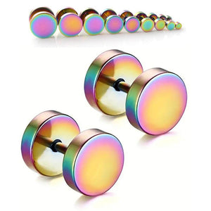 Pair Colourful Rainbow Flat Round Barbell Plug Stud Earrings 316 Stainless Steel Mens Unisex