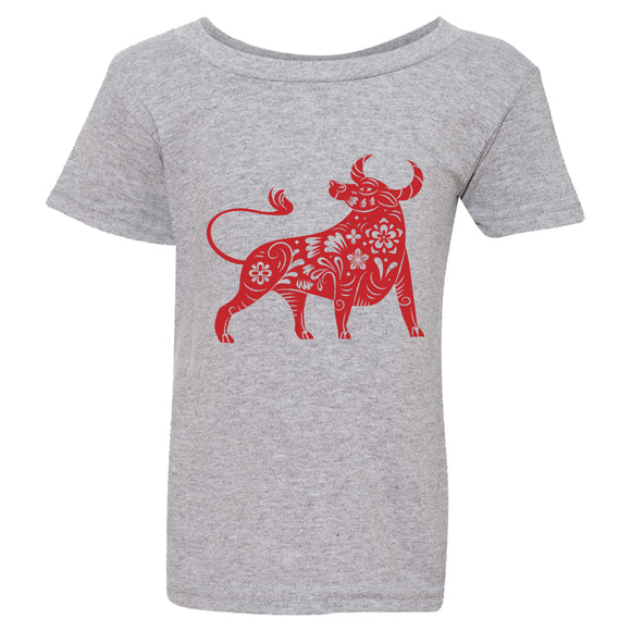 Chinese Zodiac New Year OX Bull Cow Grey T-Shirt Tee Top Baby Kids Boy Girl
