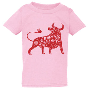 Chinese Zodiac New Year OX Bull Cow Pink T-Shirt Tee Baby Kids Boy Girl