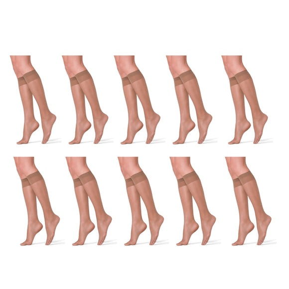 10x RazzaMatazz Sheer Knee-Hi High Women Pantyhose Socks Tan Brown H80043 Bulk 15 Denier