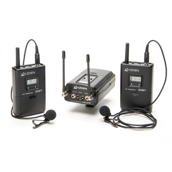 Azden 330LT UHF On Camera Dual Body Pack System Microphones TX-RX Kit AZD330LT 566.125-589.875 MHz