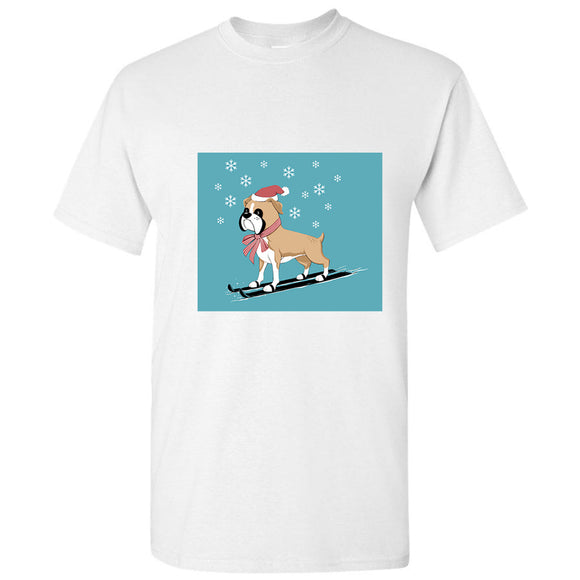 Christmas Bulldog Skiing Santa Hat Cartoon Art White Men T Shirt Tee Top