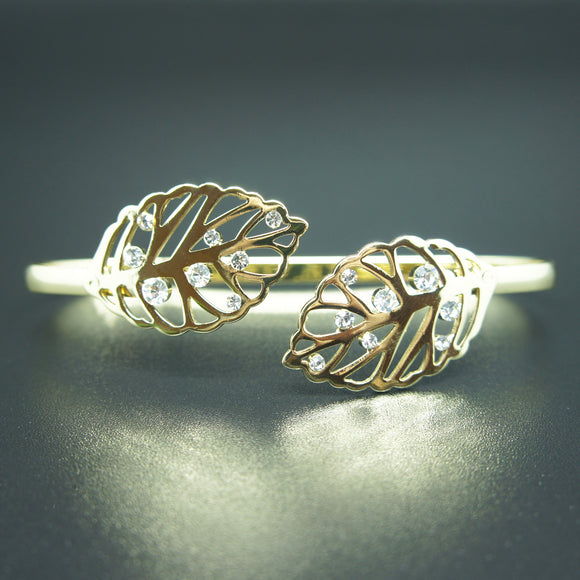 14k yellow Gold plated leaf filigree crystals bangle bracelet
