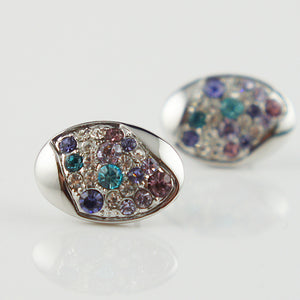 Oval Egg Shape Silver Stud Colourful Purple Blue Stone Crystals Earrings