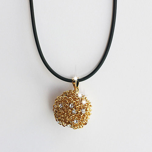 18k Yellow Gold Plated Solid Golden Wire Ball Pendant Leather Crystals Necklace