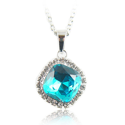18k white Gold plated with crystals Diamond cut blue pendant necklace