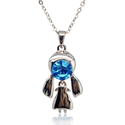 14k white Gold plated Diamond simulant blue eye girl pendant necklace