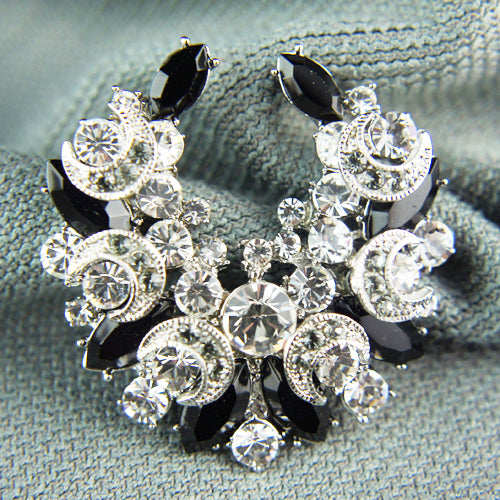 14k white Gold GF with crystals black brooch pin