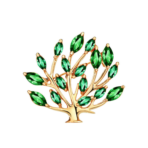 14k Rose Gold plated Tree Leaf with CZ Zircon Green Crystals brooch pin